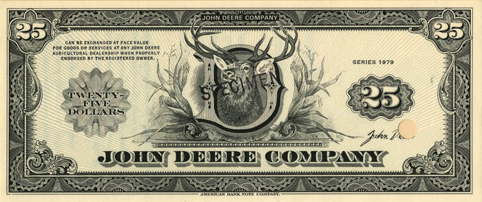 John Deere Co. Specimen Ad Note - Printed by American Bank Note Co. - Americana